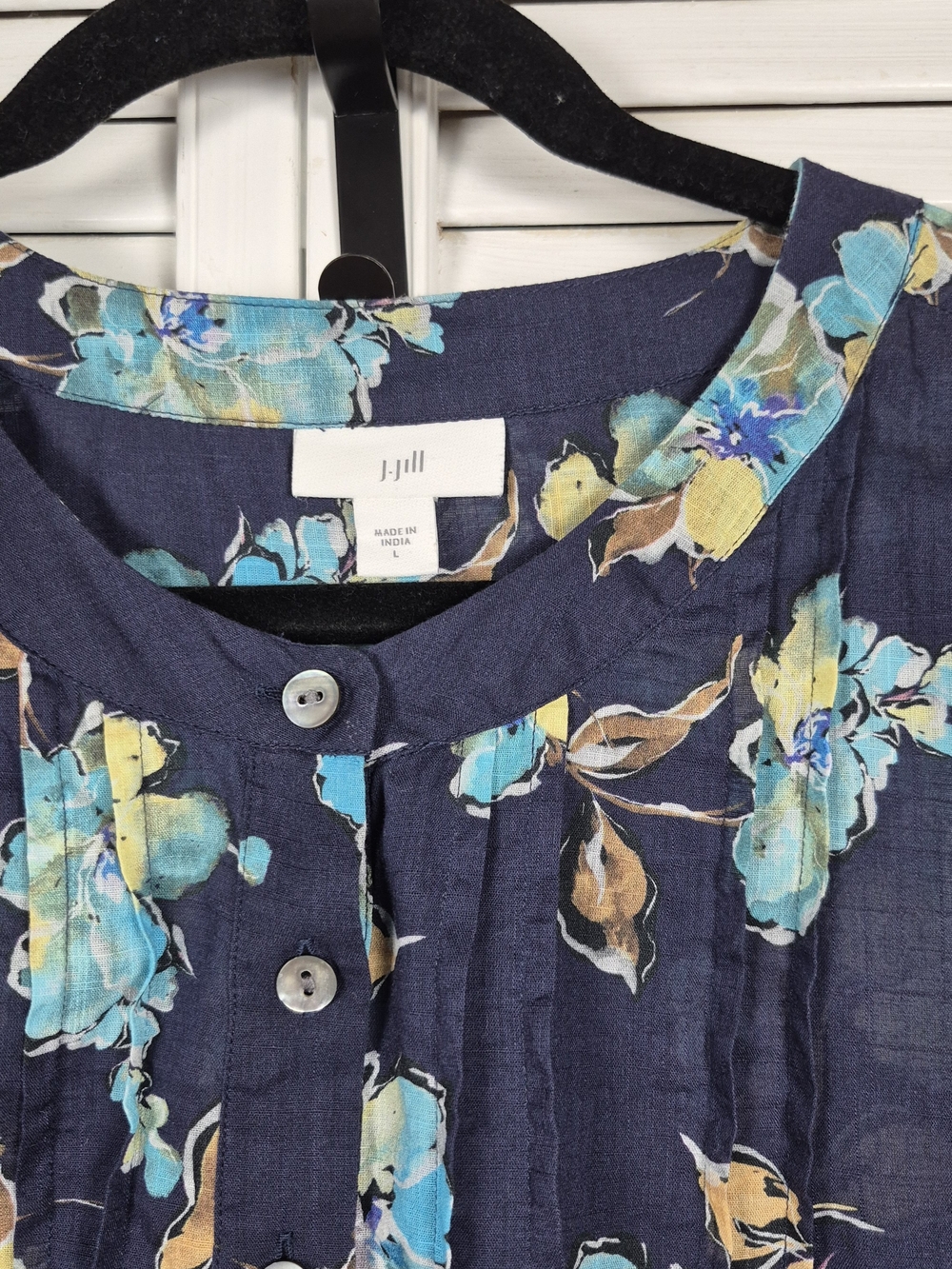J. Jill 100% Cotton Floral Blouse Women's Large Blue 3/4 Sleeve Peasant Top - Picture 4 of 10